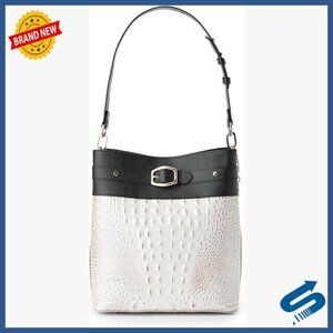 Leather Bucket Bag with Adjustable Strap, Interior Pockets, Footed Bottom